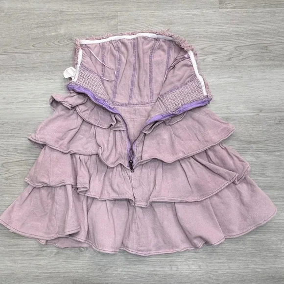 So Me Denim Strapless Tiered Ruffle Mini Dress Sz Small Smocked Mauve Pink - Picture 3 of 10